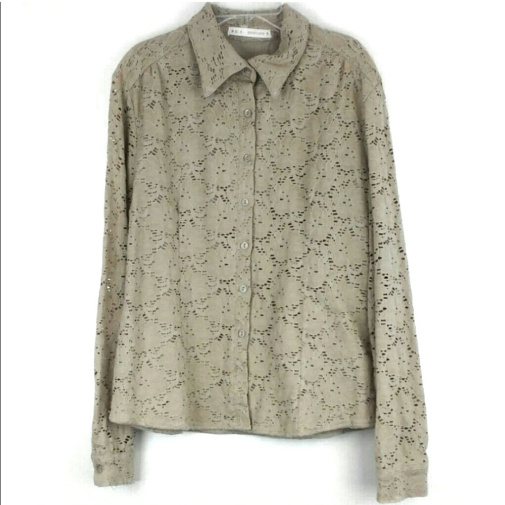 C.C. Couture Lace Button Front Lazer Cut Top XL